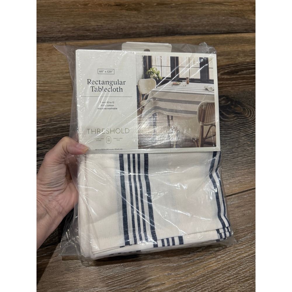Threshold Rectangular Tablecloth 60x120 Navy Blue White Striped 100% Cotton NEW